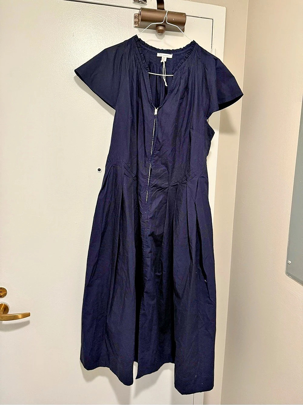Free Assembly Women's Zip Front Cotton Maxi Dress with Flutter Sleeves Blue
